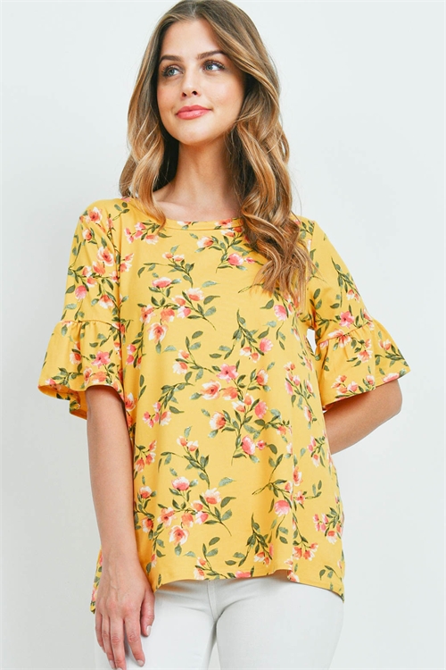 S13-10-3-PPT2189-MUCB - BELL SLEEVES ROUND NECK FLORAL TOP- MUSTARD COMBO 1-2-2-2