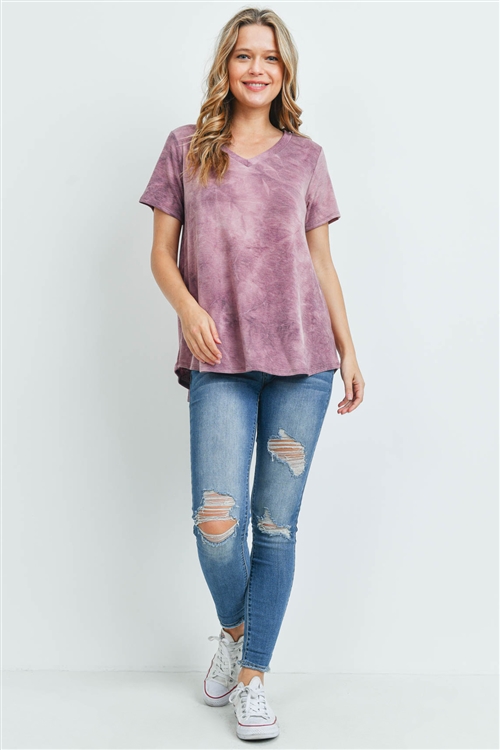 S12-11-3-PPT2190-PPL - TIE DYE SHORT SLEEVES V-NECK TOP- PURPLE 1-2-2-2