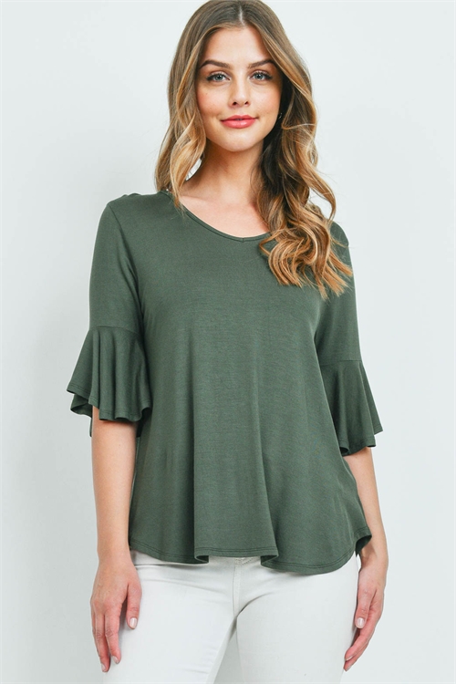 S14-7-1-PPT2191-AG-2 - BELL SLEEVES V-NECK ROUND HEM TOP- ARMY GREEN 0-2-1-1