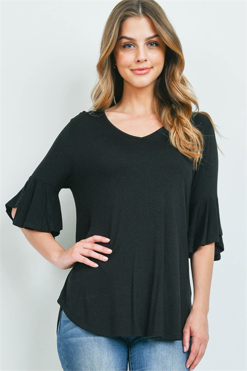 S14-7-1-PPT2191-BK-1 - BELL SLEEVES V-NECK ROUND HEM TOP- BLACK 0-1-1-2