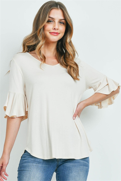 S14-9-3-PPT2191-CRM-1 - BELL SLEEVES V-NECK ROUND HEM TOP- CREAM 1-1-0-2