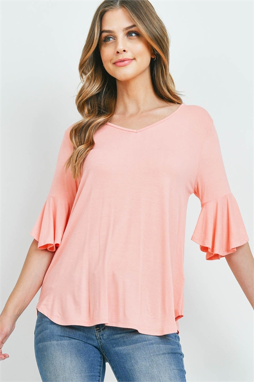 S14-7-1-PPT2191-DKPCH-1 - BELL SLEEVES V-NECK ROUND HEM TOP- DARK PEACH 0-0-2-2