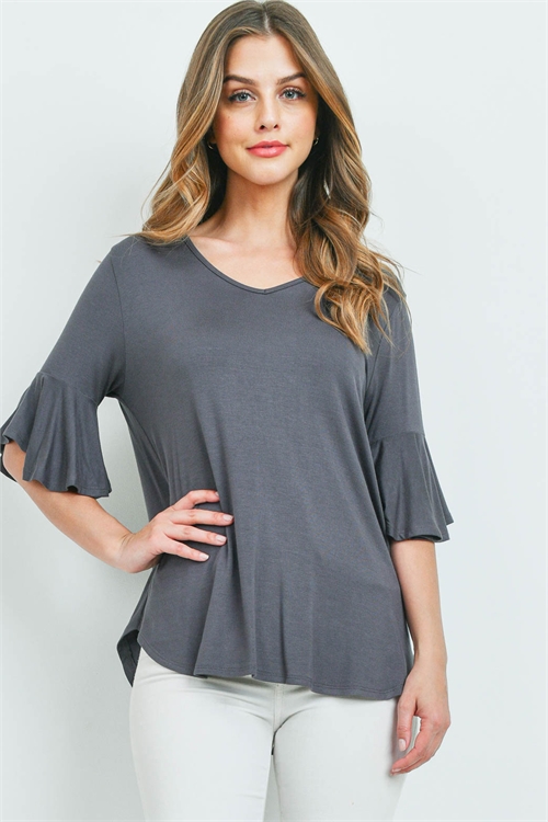 SA3-5-2-PPT2191-LTCMT - BELL SLEEVES V-NECK ROUND HEM TOP- LIGHT CEMENT 1-2-2-2