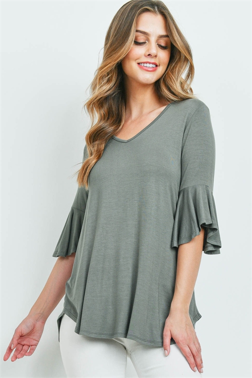 S14-7-3-PPT2191-LTOV-1 - BELL SLEEVES V-NECK ROUND HEM TOP- LIGHT OLIVE 0-2-2-2