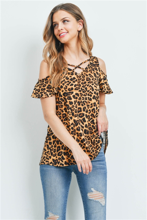 S15-4-2-PPT2194-BKBWN - ANIMAL PRINT OFF-SHOULDER CRISS CROSS NECKLINE TOP- BLACK/BROWN 1-2-2-2