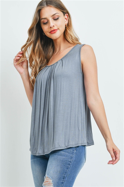 S11-13-3-PPT2195-SLTGY-1 - SOLID SLEEVELESS FRONT PLEAT TOP- SLATE GREY 1-1-2-2