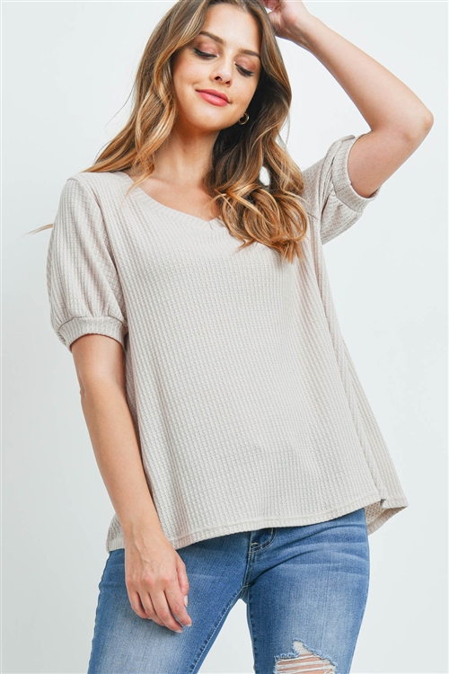 S14-9-1-PPT2196-BG-1 - PUFF SLEEVES V-NECK WAFFLE TOP- BEIGE 0-2-2-2