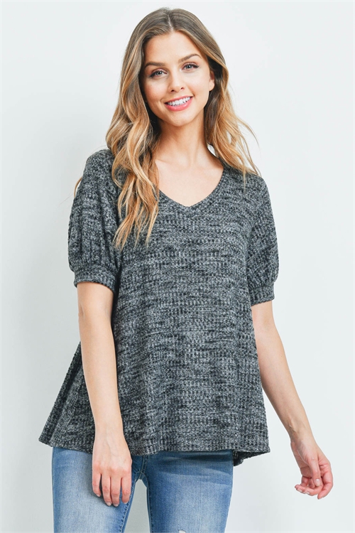 S16-11-1-PPT2196-BKCHB-1 - PUFF SLEEVES V-NECK WAFFLE TOP- BLACK CHAMBRAY 0-2-2-2