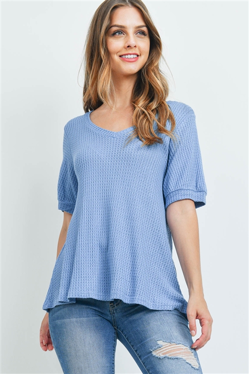 S14-9-1-PPT2196-DNM-1 - PUFF SLEEVES V-NECK WAFFLE TOP- DENIM 0-2-1-2