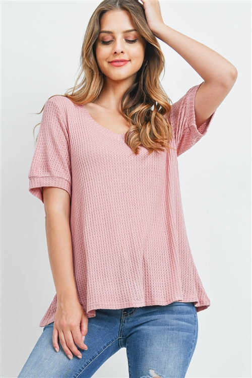 S14-9-1-PPT2196-LTMV-1 - PUFF SLEEVES V-NECK WAFFLE TOP- LIGHT MAUVE 0-2-2-2