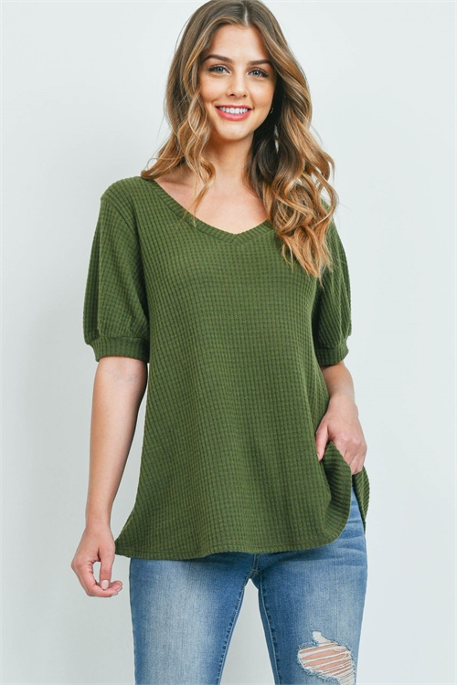 S16-11-1-PPT2196-OV-1 - PUFF SLEEVES V-NECK WAFFLE TOP- OLIVE 5-0-0-0