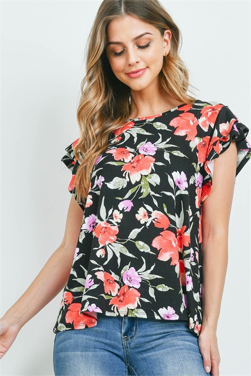 SA3-5-3-PPT2199-BKCB - PAINTERLY FLORAL PRINT CAP SLEEVE TOP- BLACK COMBO 1-2-2-2