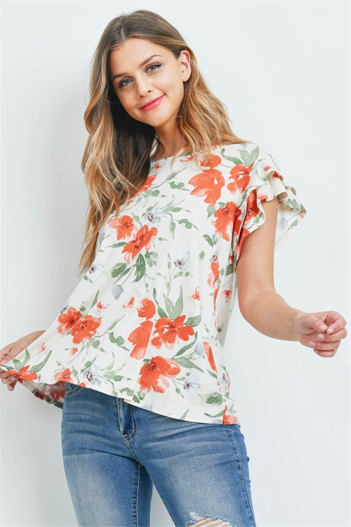 S15-7-4-PPT2199-IVCB-1 - PAINTERLY FLORAL PRINT CAP SLEEVE TOP- IVORY COMBO 0-2-2-2