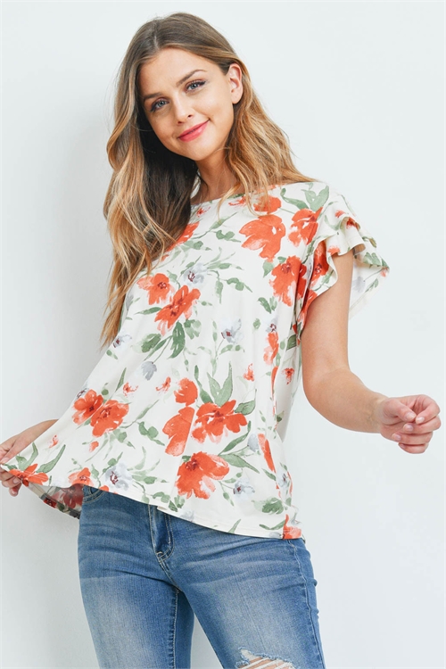 SA3-5-3-PPT2199-IVCB - PAINTERLY FLORAL PRINT CAP SLEEVE TOP- IVORY COMBO 1-2-2-2