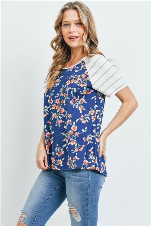 S11-6-2-PPT2200-NVCBIVHG - STRIPE RAGLAN SLEEVES FLORAL PRINT POCKET TOP- NAVY COMBO-IVORY/HEATHER GREY 1-2-2-2