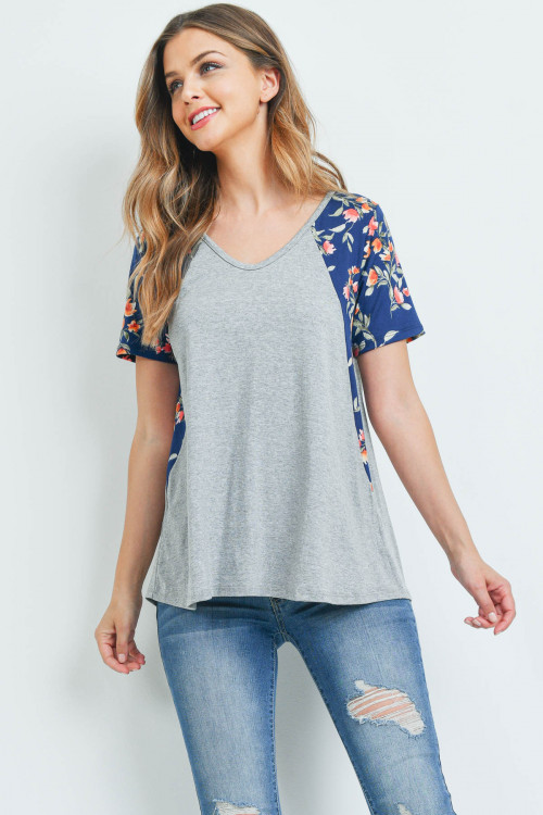 S15-12-3-PPT2201-HGNVCB-1 - FLORAL CONTRAST TWO TONED V-NECK TOP- HEATHER GREY/NAVY COMBO 0-2-2-2