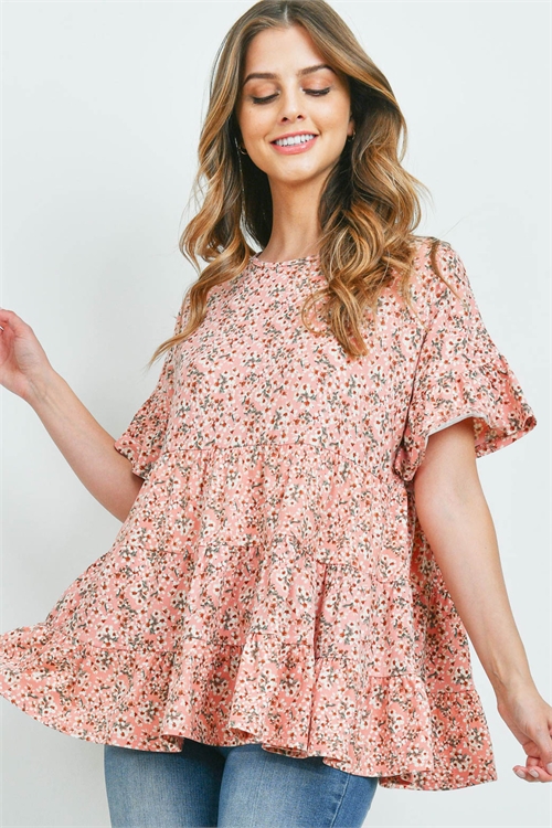 C70-B-PPT2202-BLSCB-A -LAYARED RUFFLE DETAIL FLORAL TOP-BLUSH COMBO 3-1-6-0