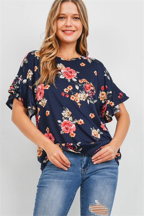 S10-18-3-PPT2203-NV-1 - RUFFLE SLEEVES FLORAL PRINT TOP- NAVY 1-1-2-2