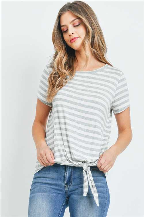 S13-5-3-PPT2204-HGIV - STRIPES SHORT SLEEVE FRONT TIE KNOT TOP- HEATHER GREY/IVORY 1-2-2-2