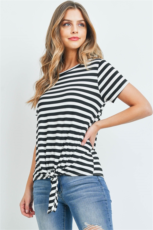 S13-6-3-PPT2204-IVBK - STRIPES SHORT SLEEVE FRONT TIE KNOT TOP- IVORY/BLACK 1-2-2-2