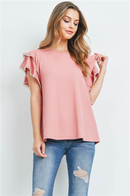 S11-19-3-PPT2205-PK - POMPOM DETAIL LAYERED CAP SLEEVE KNIT RIB TOP- PINK 1-2-2-2