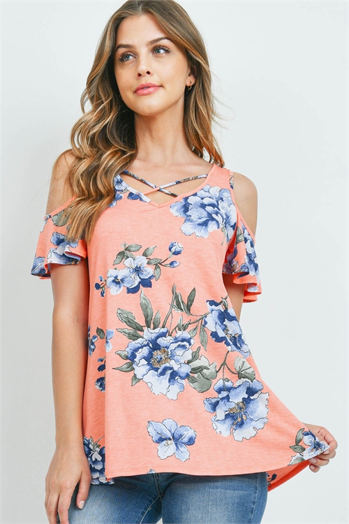 S13-7-2-PPT2206-CRLCB - FLORAL PRINT OFF-SHOULDER CRISS CROSS TOP- CORAL COMBO 1-2-2-2