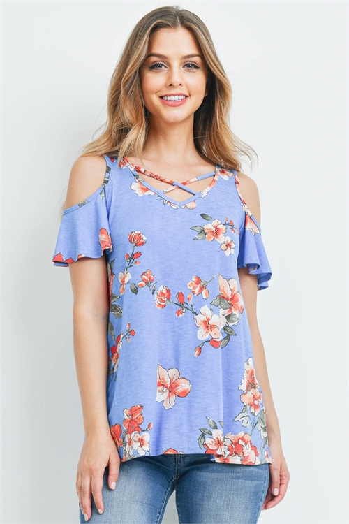 S16-11-1-PPT2206-DNMCB-1 - FLORAL PRINT OFF-SHOULDER CRISS CROSS TOP- DENIM COMBO 0-1-2-2