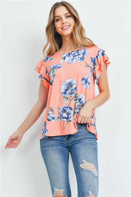 S6-3-4-PPT2207-CRLCB - CAP SLEEVES FLORAL PRINT TOP- CORAL COMBO 1-2-2-2