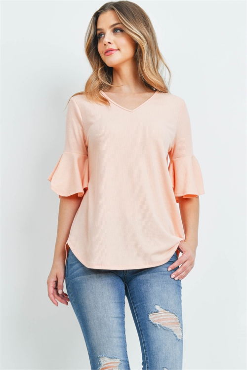 S14-11-4-PPT2208-APRCT-1 - V-NECK RUFFLE SLEEVES RIB DETAIL TOP- APRICOT 0-2-2-2