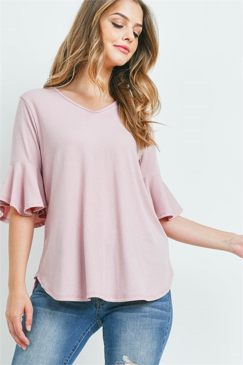 S14-11-4-PPT2208-BLN-1 - V-NECK RUFFLE SLEEVES RIB DETAIL TOP- BELLINI 0-2-2-2