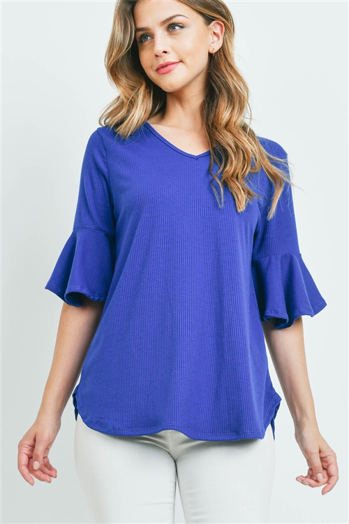 S14-11-4-PPT2208-FRSRYL-1 - V-NECK RUFFLE SLEEVES RIB DETAIL TOP- FRESH ROYAL 0-1-1-2