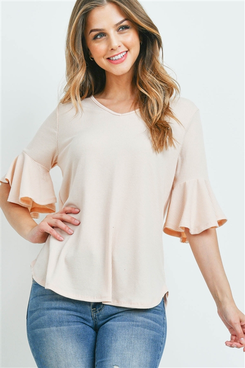 S15-8-4-PPT2208-ND-1 - V-NECK RUFFLE SLEEVES RIB DETAIL TOP- NUDE 0-2-1-2