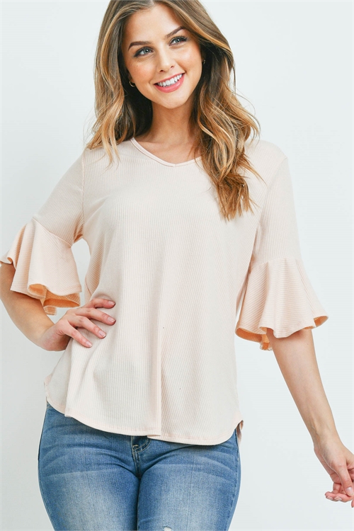 S8-6-4-PPT2208-ND - V-NECK RUFFLE SLEEVES RIB DETAIL TOP- NUDE 1-2-2-2