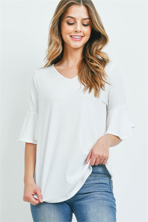 S11-3-1-PPT2208-OFW - V-NECK RUFFLE SLEEVES RIB DETAIL TOP- OFF-WHITE 1-2-2-2