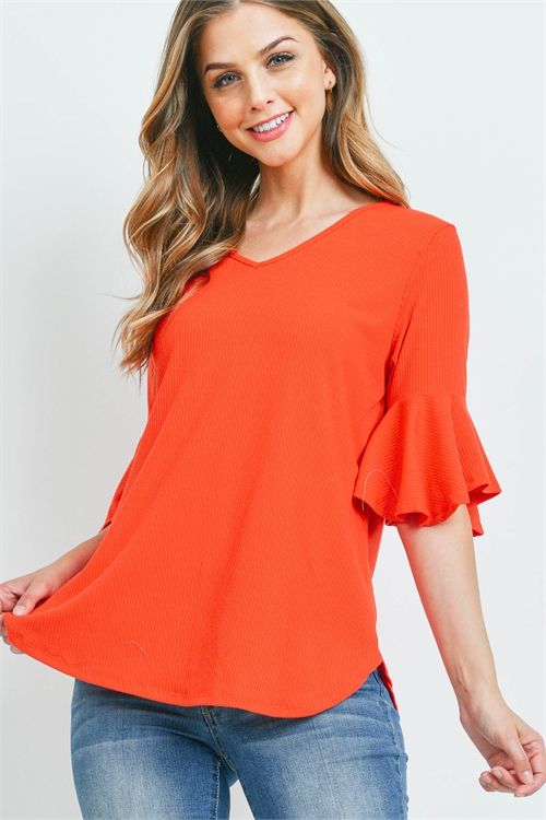 SA4-5-3-PPT2208-TMTRD - V-NECK RUFFLE SLEEVES RIB DETAIL TOP- TOMATO RED 1-2-2-2