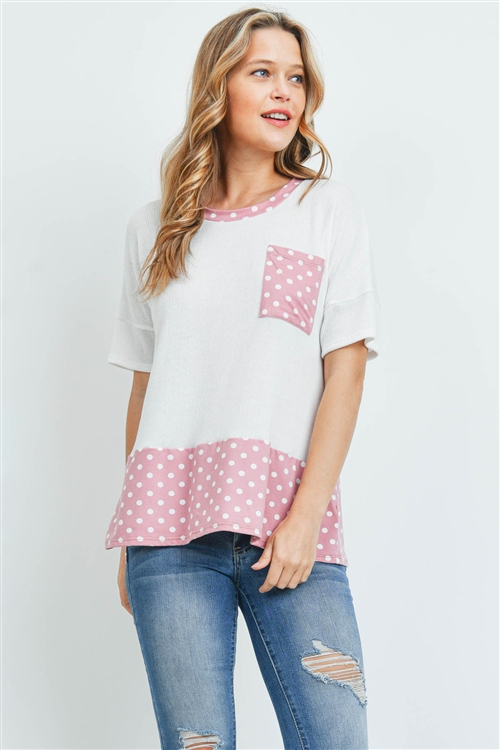 S16-11-3-PPT2211-IVLMV-1-POLKA DOT CONTRAST RIB DETAIL TOP-IVORY LIGHT MAUVE 0-0-2-0