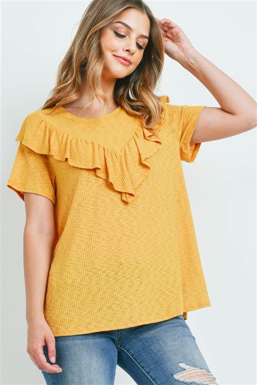 S16-7-4-PPT2212-MU-1 - V-SHAPE RUFFLE DETAIL SHORT SLEEVE RIB TOP- MUSTARD 0-1-1-2