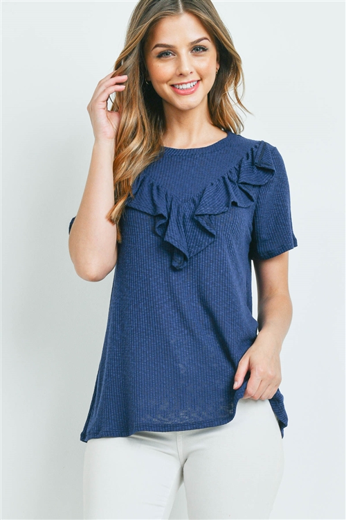 S16-7-4-PPT2212-NV-1 - V-SHAPE RUFFLE DETAIL SHORT SLEEVE RIB TOP- NAVY 0-0-2-2