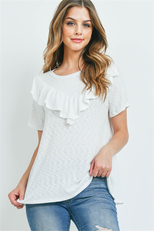 BLK-7-3-PPT2212-OFW-A - V-SHAPE RUFFLE DETAIL SHORT SLEEVE RIB TOP- OFF-WHITE 1-3-1-3