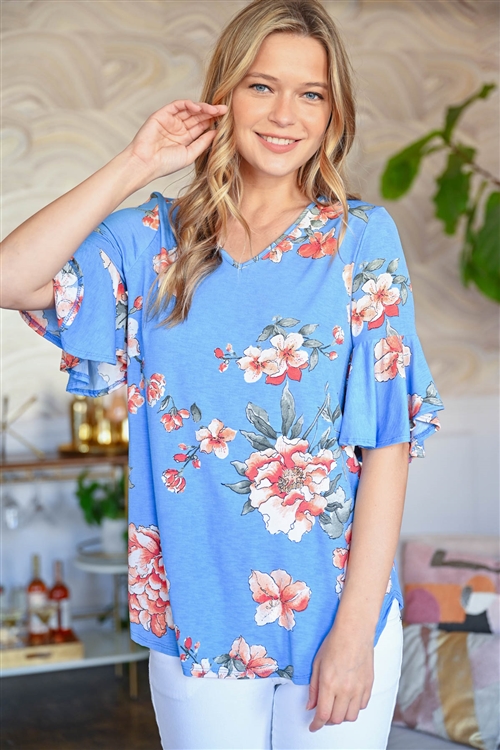 S11-20-3-PPT2213-DNMCB - BELL SLEEVE FLORAL PRINT V-NECK TOP- DENIM COMBO 0-2-2-0