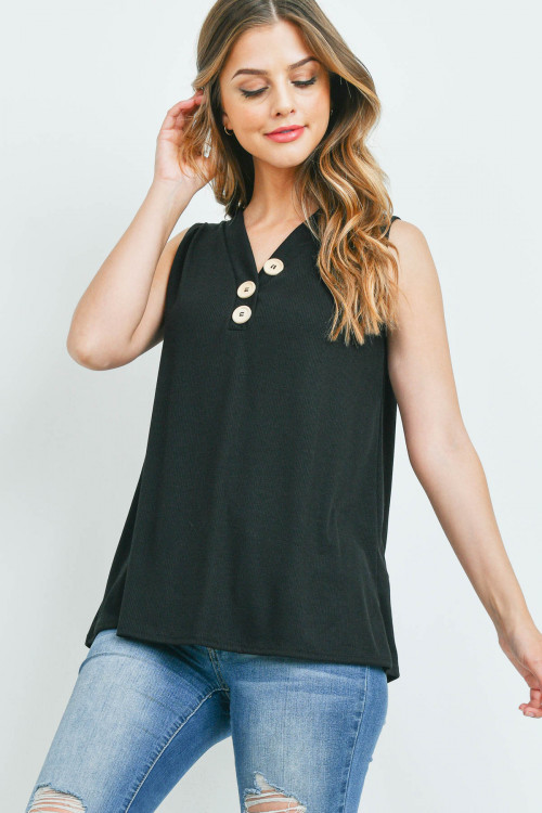 S10-16-3-PPT2214-BK-1 - V-NECK RIB BUTTON DETAIL TANK TOP- BLACK 0-2-0-2