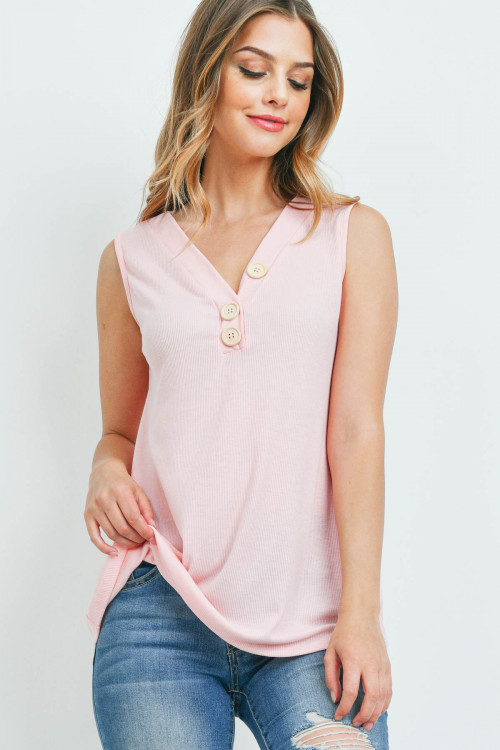 S16-1-1-PPT2214-IMPK - V-NECK RIB BUTTON DETAIL TANK TOP- IMPATIENT PINK 1-2-2-2 (NOW $5.75 ONLY!)