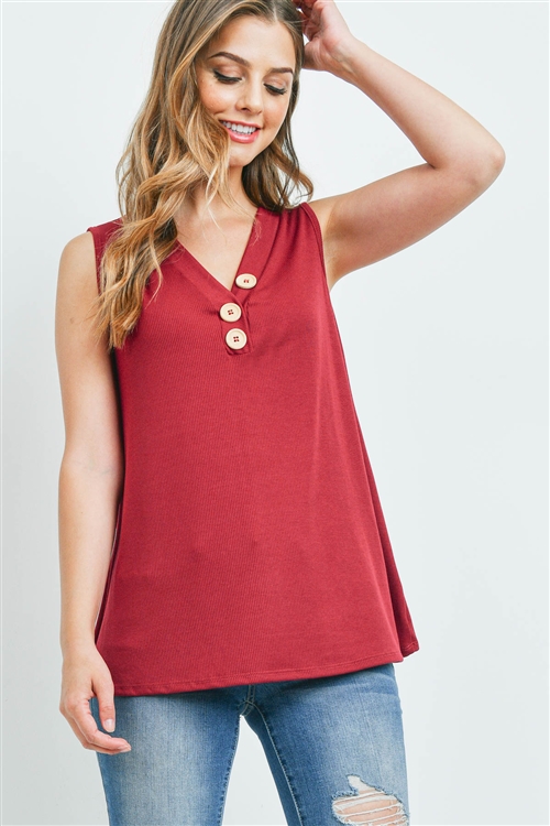 S10-16-3-PPT2214-WN-1 - V-NECK RIB BUTTON DETAIL TANK TOP- WINE 0-0-1-1