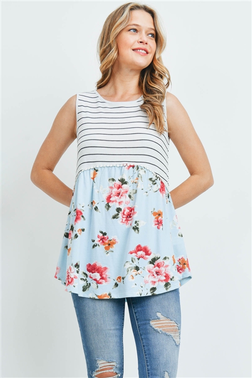 S15-9-1-PPT2215-OFWBKBL-1 - POMPOM DETAIL STRIPES-FLORAL CONTRAST TOP- OFF-WHITE/BLACK/BLUE 0-2-0-2