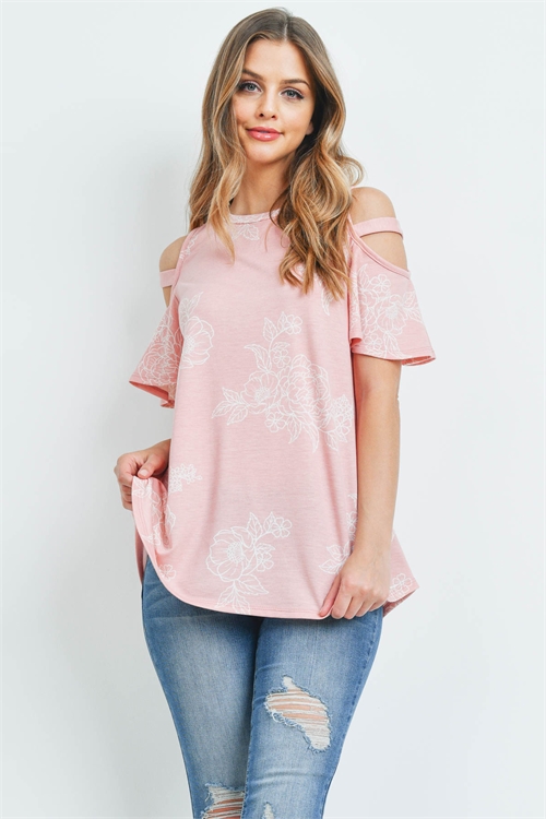 S10-17-3-PPT2216-CRL-1 - FLORAL PRINT OFF-SHOULDER ROUND NECK TOP- CORAL 0-1-2-3