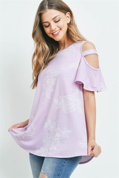 S9-14-3-PPT2216-LVD-1 - FLORAL PRINT OFF-SHOULDER ROUND NECK TOP- LAVENDER 2-0-0-0