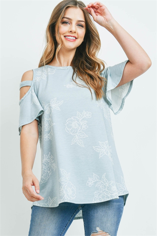 S10-17-3-PPT2216-SG-1 - FLORAL PRINT OFF-SHOULDER ROUND NECK TOP- SAGE 0-2-2-1