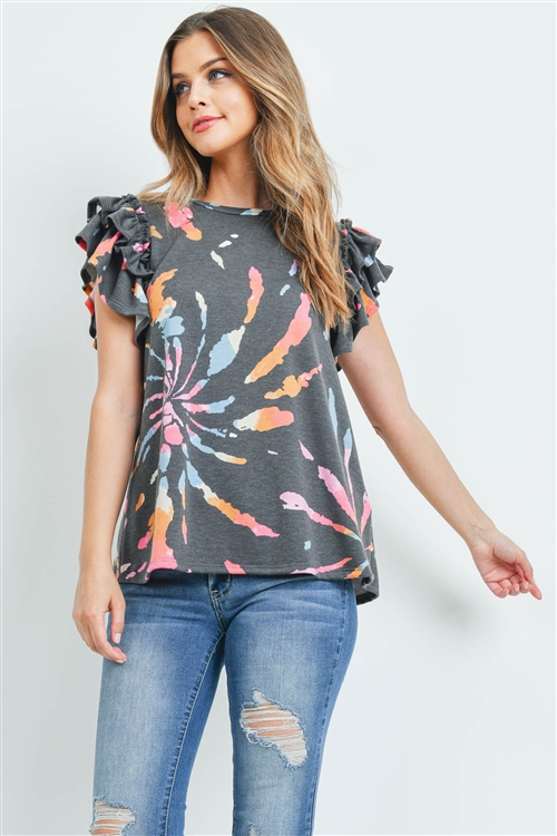 S5-3-4-PPT2217-BK -LAYERED RUFFLE CAP SLEEVE TIE DYE TOP-BLACK 1-2-2-2