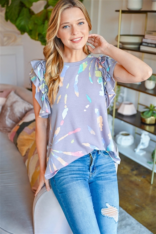 S6-1-4-PPT2217-GY -LAYERED RUFFLE CAP SLEEVE TIE DYE TOP-GREY 1-2-2-2