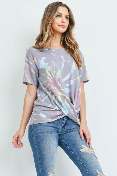 S16-10-2-PPT2218-GY-1 - ROUND NECK TIE DYE TWIST FRONT TOP- GREY 1-2-2-1